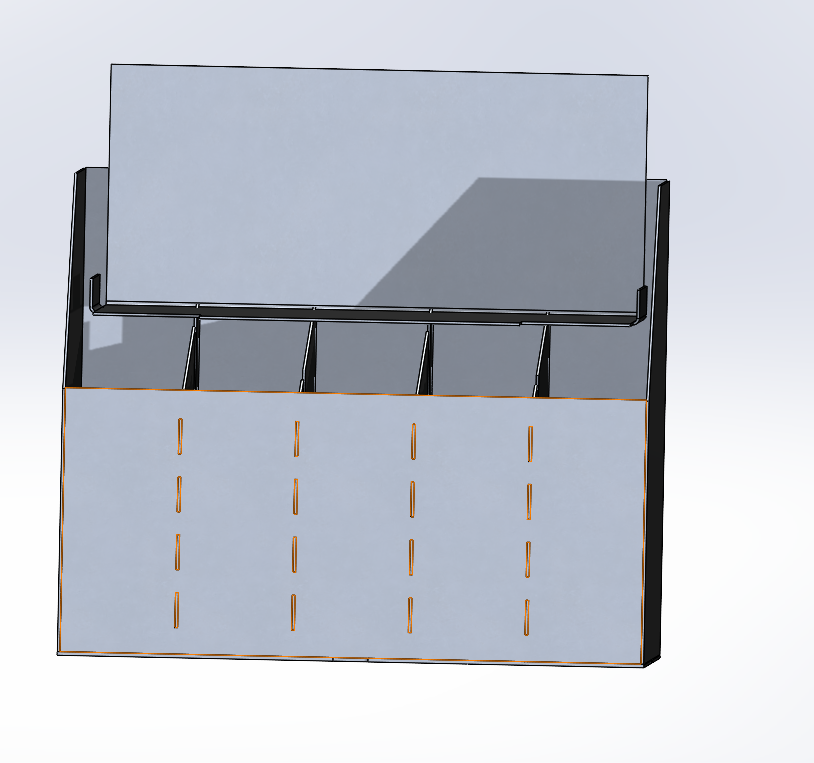 Front CAD view showing tab-and-slot features in the accumulator container walls